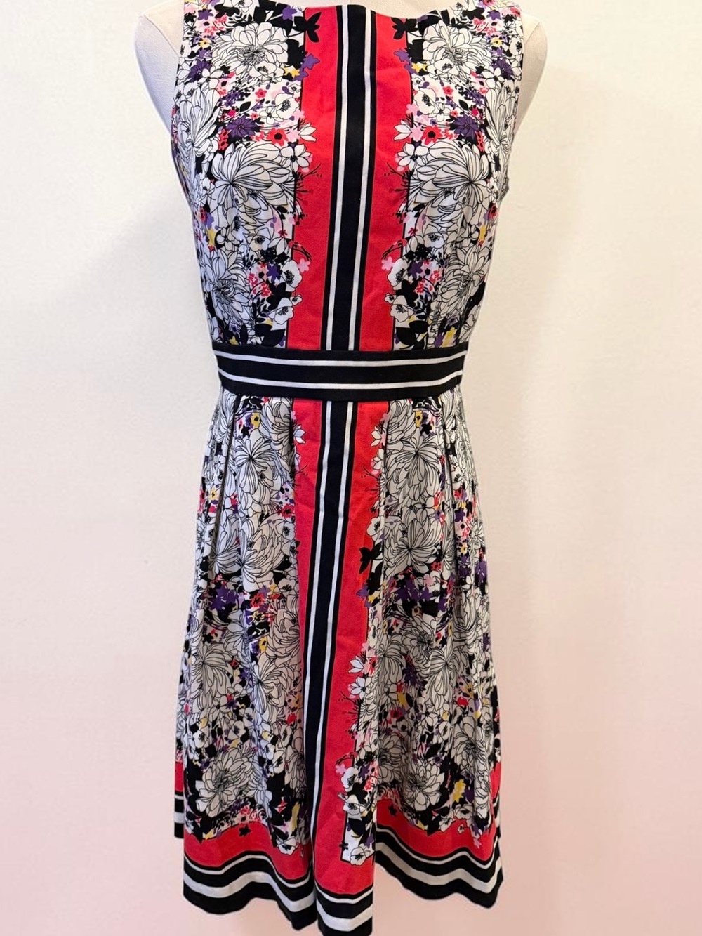 Floral Stripe Sleeveless A-Line Dress in Pink, Black & White